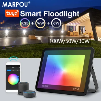 MARPOU RGB наводнения светлина Tuya Led рефлектори за водоустойчиво външно осветление 30W 50W 100W прожектор 220V лампи за улична градина
