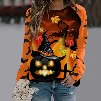 Дамска мода Хелоуин дълъг ръкав T риза 3d тиква сладък котка печат топ момичета есен Harajuku реколта облекло женски пуловер