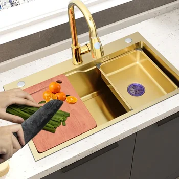 75x45cm Златна кухненска мивка 304 Мивки от неръждаема стомана над брояч или Udermount зеленчуков миещ басейн с кранче