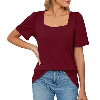 Дамска модна квадратна риза с къс ръкав Casual Cotton Top дамско облекло предлага безплатна доставка на дрехи за жени 2024