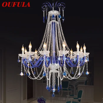 OUFULA Европейски стил кристал пендент лампа синя свещ лампа хол ресторант вила стълбище дуплекс сграда KTV Chandelie