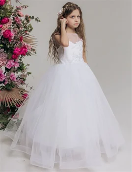 White Angel Kids подарък за рожден ден принцеса цвете момиче рокля тюл пухнали апликации без ръкави за сватбено тържество първо причастие