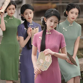 Елегантна памучна ленена дължина до коляното Qipao китайски жени мандарин яка къс ръкав Cheongsam ежедневна рокля