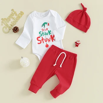 Baby Boys Коледа 3PCS комплекти дълъг ръкав писмо печат гащеризон червени панталони шапка комплекти