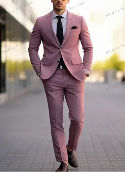 Pink Men Tuxedos Бизнес костюм Groom Groomsman Абитуриентски бал Сватбено тържество Официален 2 парче комплект яке и панталони