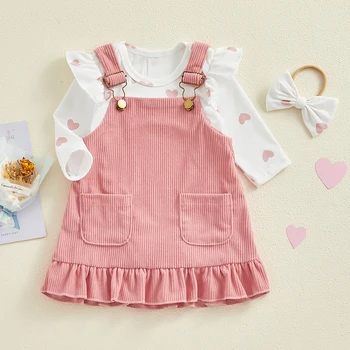 бебе момичета 3бр пролетни тоалети сърце печат гащеризон пола лента за глава комплект новородени дрехи