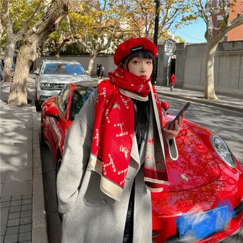 Ретро карета шал женски есен и зима студент корейски стил всички съвпадение удебелени шал двойна употреба интернет знаменитост топло